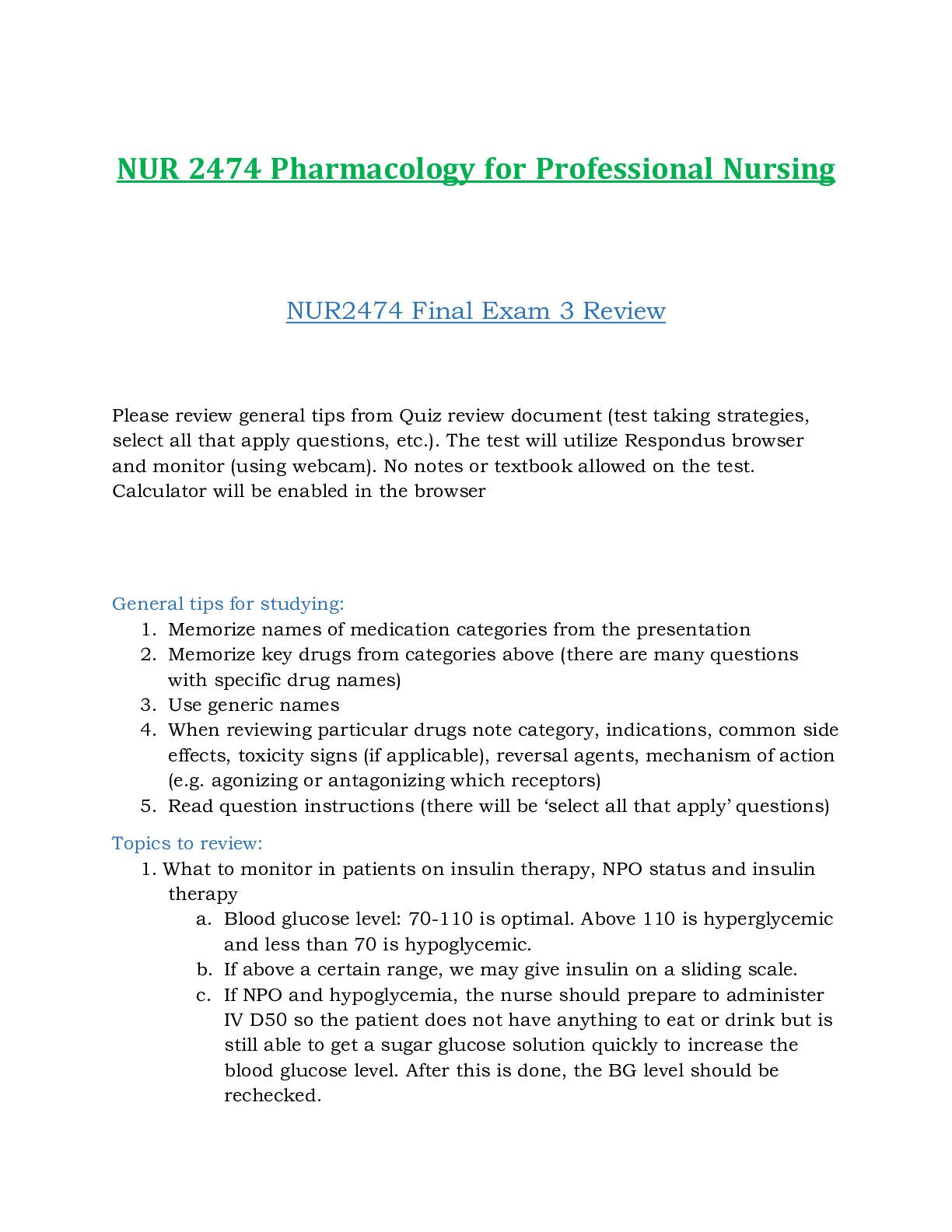 Preview of NUR2474 / NUR 2474 Final Exam 3 Review Updated: Pharmacology for Professional Nursing - Ra